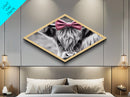 Diamond Shaped Cow Glance — Monochrome Highland Cow Canvas Textured Print, Farm Wall Decor, Whimsical Animal Art with Bow