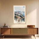 Piraeus Greece Travel Poster Framed Canvas Print, Watercolor Painting, Coastal Wall Art, Home Decor, Greek Seaside, Vibrant Art