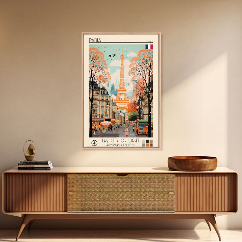 Paris France Travel Poster Framed Canvas Print, Midcentury Modern Art,