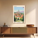 Prešov Slovakia Travel Poster Framed Canvas Print, Midcentury Modern Art, Pop Art Wall Decor, Scenic Living Room Art, Bedroom Gift