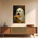 Ghostly Hot Dog Thief, Cute Lil Ghost Eatin' a Dog, The Hot Dog Ghost, Haunted Hot Dog Thief, Framed Canvas Print, Halloween Art