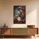 Enchanting Witch with Crystal Ball, Framed Canvas Print, Mystical Halloween Art, Spooky Witch Decor, Witchcraft Illustration, Magical Decor
