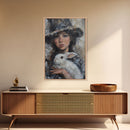 Enchanting Witch with White Rabbit in Serene Autumn Setting - Mystical Forest Art Framed Canvas Print, Halloween Home Decor