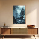 Ghost Ship in Storm Halloween Art, Spooky Maritime, Haunted Ocean, Creepy Seascape, Stormy Night, Framed Canvas Print
