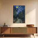 Dark Forest Path with Pumpkins Framed Canvas Print, Halloween Wall Art, Starry Night Inspired, Home Decor, Spooky Art, Living Room Decor