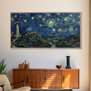 Lighthouse and the Storm, Framed Canvas Print, Unique Halloween Wall Art, Nautical Decor, Starry Night Inspired Wall Art
