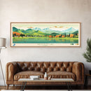 Wellesley Lake, Yukon Framed Canvas Print, Midcentury Modern Lake House Decor, Panoramic Art, Pop Art, Travel Poster, Living Room Wall Art