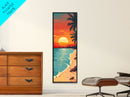 Serene Sunset Beach Scene Midcentury Modern Art - Framed Canvas Print, Boho Art, Skinny Art, Living Room Art, Bedroom Decor, Coastal Landscape