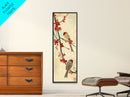 Skinny Art Sparrows And Cherry Blossoms In Japanese Style Wood Block Print Gentle Color Palette On Framed Canvas Print, Tall Art Ukiyo-e