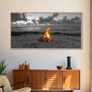 Campfire on Beach Framed Canvas Print | Seascape Painting | Coastal Wall Art | Moody Art | Rustic Decor | Extra Wide Art | Nautical Painting
