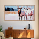 Elk in Snow, deer drinking water in forest painting, wildlife art, moody painting, rustic decor, landscape painting, canvas print