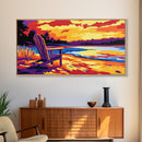 Adirondack chair, lake view, relaxing sunset, cabin art, rustic landscape, extra wide art, nature lover decor, canvas print