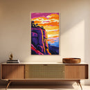 Mountain Cliffs, Southwest Sunset, Canyon Painting, Framed Canvas Print, Pink Orange Wall Art, Joshua Tree Art, Panoramic Art