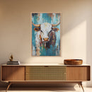 Rustic Cow Portrait, farmhouse art, rustic wall art, blue and green wall art, textured oil painting, canvas print, gift idea, wabi sabi art