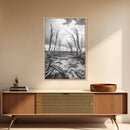 Windblown Trees, stormy sky, moody landscape, wabi sabi art, black and white, framed canvas print, rustic decor, nature photography