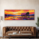 Wagon at Sunset, pink orange wall art, rustic decor, mountain painting, panoramic art, extra wide art, Framed Canvas Print, gift idea