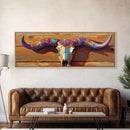 Painted Skull, bull and bear art, rustic decor, extra wide art, southwest wall art, pink orange wall art, framed canvas print