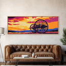 Sunset Wagon Wheel, pink orange wall art, bold color art, boho art, panoramic painting, extra wide art, framed canvas print, landscape painting
