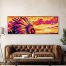 Sunset Warrior, bold colors, chicano art, moody art, pink orange wall art, framed canvas print, extra wide art, above sofa art