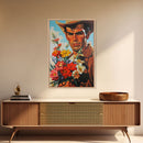 Cowboy with Bouquet of Flowers - Framed Canvas Print, Western Living Room Art, Rustic Bedroom Decor, Americana Art, Wall Art