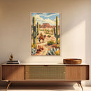 Cowboy Riding in Desert Landscape with Cacti - Framed Canvas Print, Western Art, Southwestern Decor, Desert Scene Wall Art for Home
