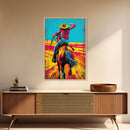 Vibrant Pop Art Cowboy on Horseback in Dynamic Colors - Framed Canvas Print, Western Decor, Cowboy Art for Living Room, Home Wall Art