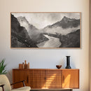 River Flowing through Mountain Valley, Black and White Framed Canvas Print for Farmhouse Bedroom Wall Art, Home Decoration, Scenic Nature