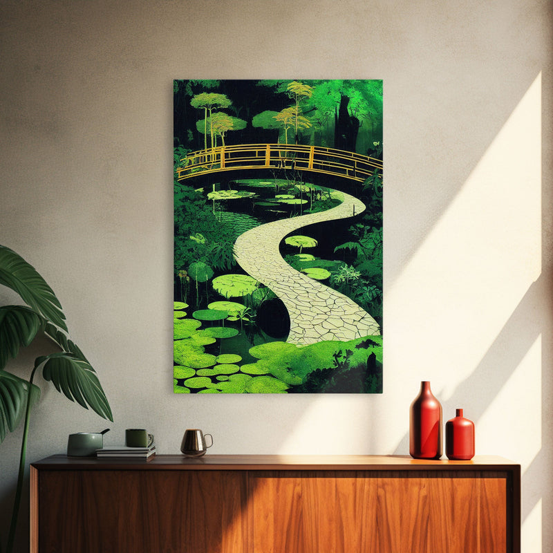 Emerald green Japanese zen garden art, framed canvas print, abstract a