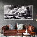 Lighthouse in a storm, black and white, tsunami waves, framed canvas print, ready to hang framed wall art