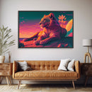Lion contemplating life on a cliff, vibrant and colorful synthwave retro style art, framed canvas print