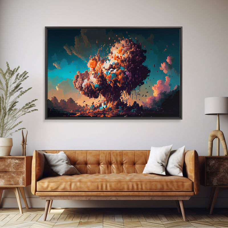 Pixel art atomic bomb, framed canvas print, pixel art explosion