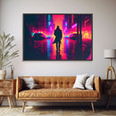 Cyberpunk bounty hunter art, vaporwave synthwave dystopian cityscape, framed canvas print