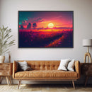Watercolor of a beautiful sunset over a vibrant field of flowers, framed canvas print, framed art
