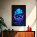 Shark Art, framed canvas print, colorful retro style shark art watercolor painting print