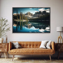 Reflections on a winter lake, watercolor landscape art, framed canvas print, pine tree winter forest
