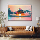 Sailing at Sunset, Watercolor, Framed Canvas Art, Stretched Canvas Print, Nautical Sailing Outrun Style Sunset Art