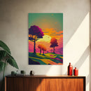 Retro Pop Art Landscape Art At Sunset, Framed Canvas Print, Outrun Style Trees and Sunset, Living Room Art