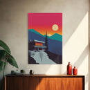 The Lodge, MCM Architecture Art, Framed Canvas Print, Midcentury Mountainside Villa, Colorado Rockies Pop Art