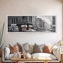 Vintage Cars City Canvas Print, Vintage Art, Buildings, People On Sidewalk, Large Urban Art Print, Panoramic, Wall Art, Canvas Print