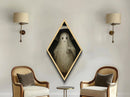 Charming Ghost with Umbrella Canvas Embossed Print for Halloween Decor, Dark Academia Style Diamond Shaped Art with Cozy Haunting