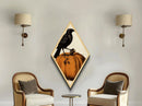Illustrated crow perched on curling pumpkin Diamond Shaped Art Canvas Embossed Print with spooky autumn gothic Halloween flair