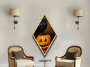 Midnight crow guarding carved pumpkin Canvas Art Print in Diamond Shaped Art with moody gothic ambiance and Halloween spirit