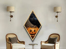 Creepy crow on heart-eyed jack-o-lantern Diamond Shaped Art Canvas Embossed Print with spooky season charm and gothic whimsy