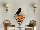 Gothic crow on jack-o-lantern with fall leaves Canvas Art Print in haunting Halloween Diamond Shaped Art composition