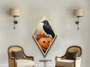 Pumpkin patch crow with eerie stare Canvas Embossed Print in Diamond Shaped Art layout with Halloween gothic and spooky vibes