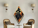 Skull-faced witch with jack-o-lantern and bats Canvas Art Print in dramatic gothic Halloween Diamond Shaped Art composition