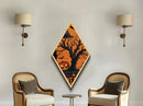 Grinning black cat in twisted tree Canvas Art Print with jack-o-lanterns and spooky vintage Diamond Shaped Art Halloween