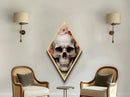 Diamond Shaped Art Featuring Cracked Skull Surrounded by Flowers, Creepy Romantic Canvas Embossed Print with Gothic Flair