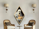 Ghost Devouring Cake Painting Diamond Shaped Art Canvas Embossed Print Spooky Cute Halloween Surreal Macabre Kitchen Decor