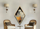 Hungry Ghost with Cake Painting Diamond Shaped Art Canvas Embossed Print Halloween Kitchen Decor Spooky Whimsical Gothic Style